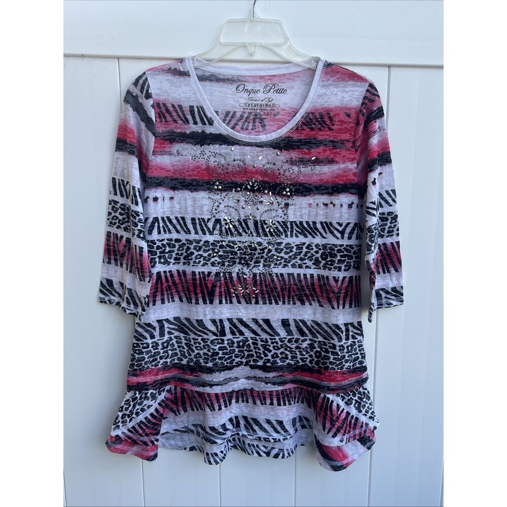 ONQUE CASUAL Womens Tunic Embellished Colorful Top 3/4 sleeve Sz Petite PM